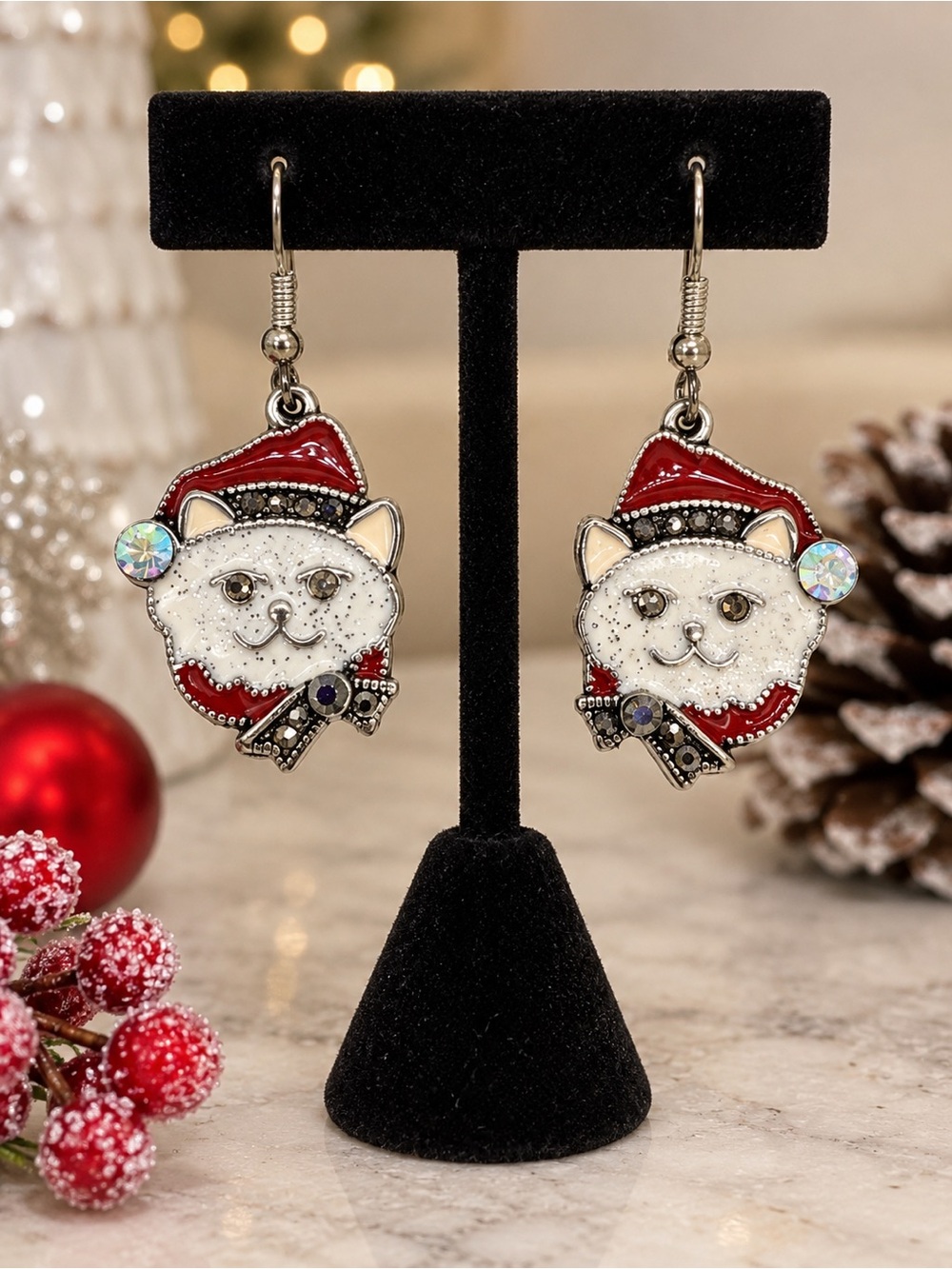 Festive Christmas Cat Dangle Earrings Enamel Santa Hat Kitty Sparkling Accents